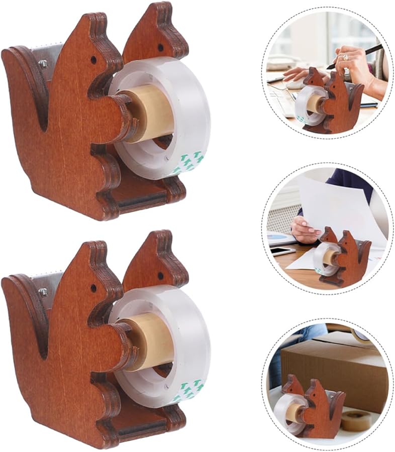 Wooden Squirrel Tape Dispenser 2 Pack Cartoon Desk Holder For Office Home - Image 3
